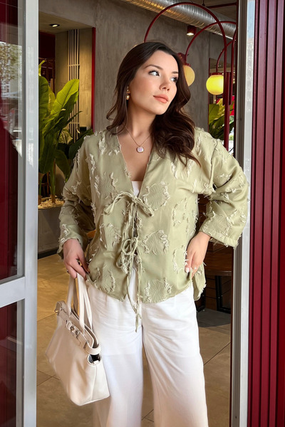 Bipantolon Cămașă de damă kaki cu dantelă și detaliu cu ciucuri