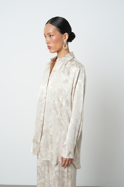 Orfeo Negro Women's Beige Color Floral Pattern Oversize Cut Shirt