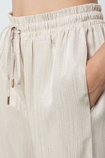 Orfeo Negro Women's Beige Color Thin Patterned Wide Leg Elastic Waist Trousers