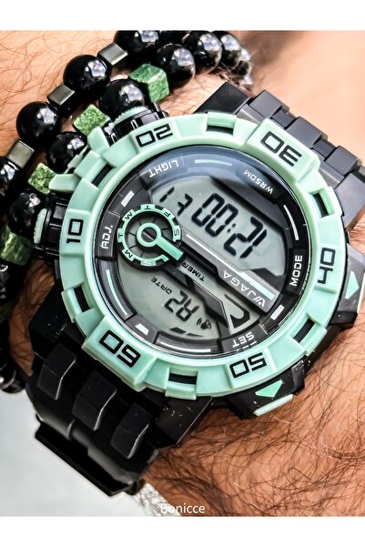 Jaga Digital Sports Men's Wristwatch, Green Black Sililkon Cord Suitable for Pool Sea Use, with Stopwatch