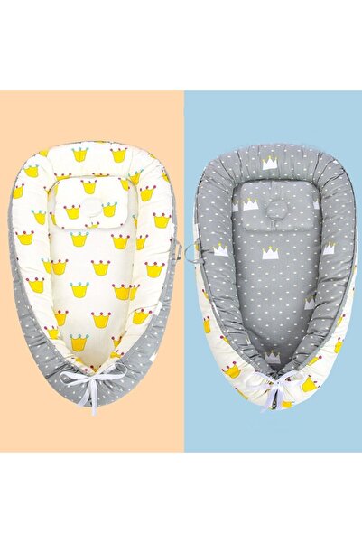 Mixbo Cosulet bebelus pentru dormit Mixbo, Baby Nest, cu 2 fete, bumbac, coroane, alb/gri