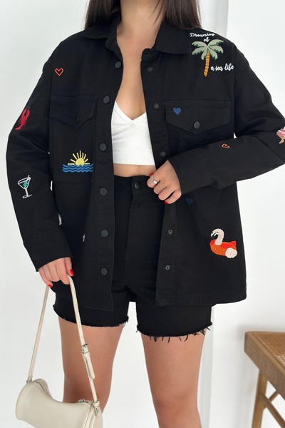 FEMELLE Siyah Tropikal Nakışlı İşlemeli Kot Jean Ceket - Çıtçıt Düğmeli