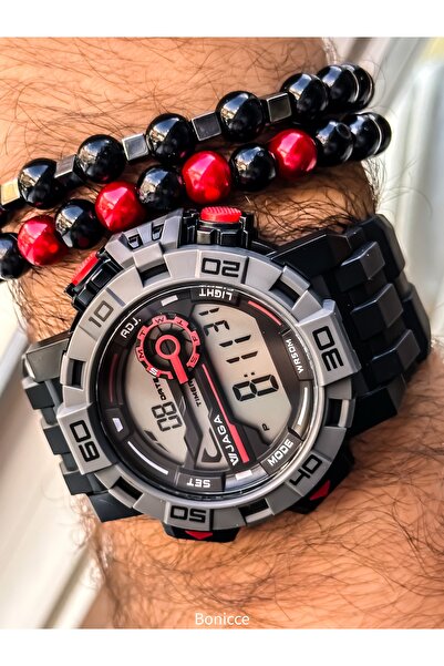 Jaga ساعة يد رياضية رقمية للرجال، حزام سيليكون أحمر وأسود مناسب للاستخدام في حمام السباحة والبحر، مع ساعة توقيت