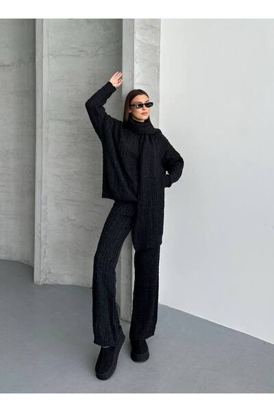 ZF BUTİK Scarf, Braided Hair, Knitwear, Pants, Bottom, Top Set