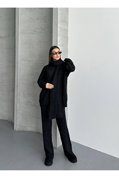 ZF BUTİK Scarf, Braided Hair, Knitwear, Pants, Bottom, Top Set