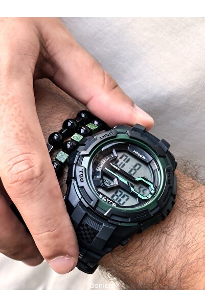 Jaga Digital Sports Men's Wristwatch, Green Black Silikon Cord Suitable for Pool Sea Use, with Stopwatch