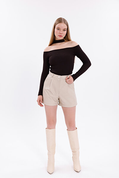 H&A İSTANBUL Kadın Suni Deri Şort Yüksek Bel Rahat Kalıp - DERİ ŞORT