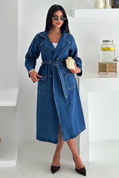 FEMELLE Denim Jean Trench Coat with Pockets and Belted Waist