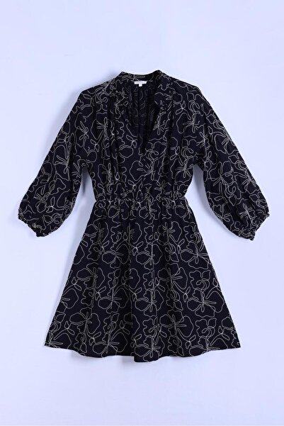 By Mare Style Camile Embroidered Floral Patterned Black Viscose Brode Dress