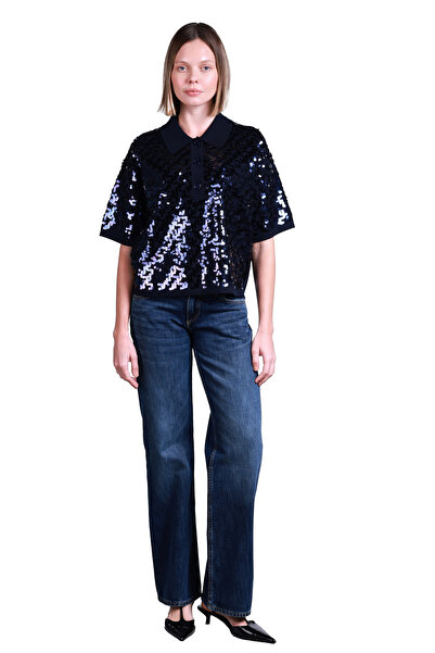 Sempre Γυναικείο πουλόβερ με παγιέτες Polo Collar Crop - Κοντό μανίκι