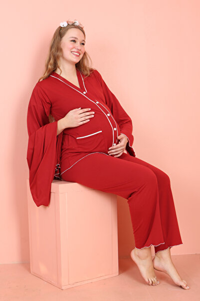 JENİKA Bordo Maternity 3-Piece Pajama Set – Long Sleeve Button-Up Top and Robe