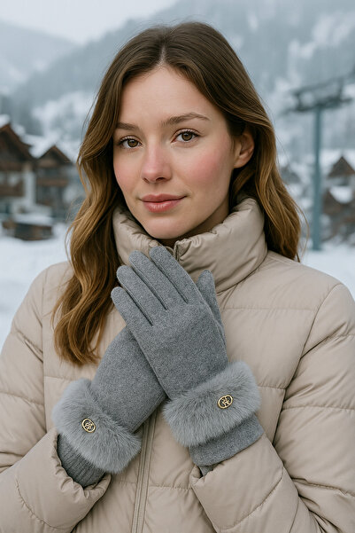 Luminos Butik Γυναικεία γάντια από γούνα αφής γκρι ELD29