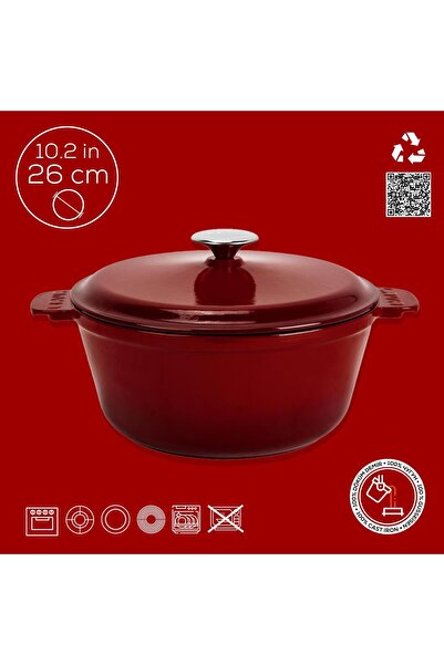 Lava Döküm Yuvarlak Güvec Tencere Döküm Demir Yekpare Kulplu. Çap(Ø)26cm.-Bordo
