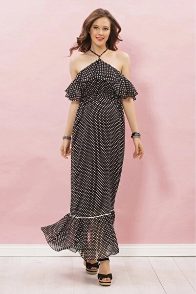 Genel Markalar Boyundan Askılı Puantiyeli Uzun Hamile Elbise