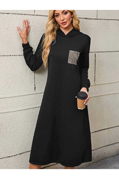 JANES Kadın Cep Detaylı Kapüşonlu Midi Boy İki İplik Viskon Elbise