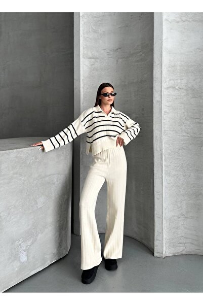 ZF BUTİK Σετ πλεκτών ενδυμάτων με λαιμόκοψη πόλο, με πλεκτό κάτω μέρος και πλεκτό επάνω μέρος