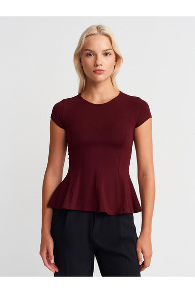 Dilvin 31992 Peplum T-Shirt-Burgundy