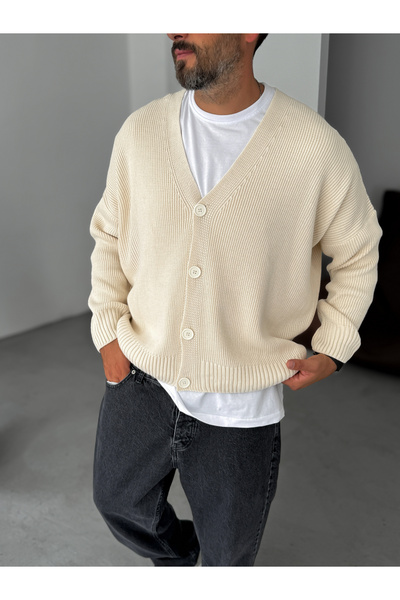 BYBASICMAN Ecru Buttoned Oversize Knitted Cardigan Pm-021