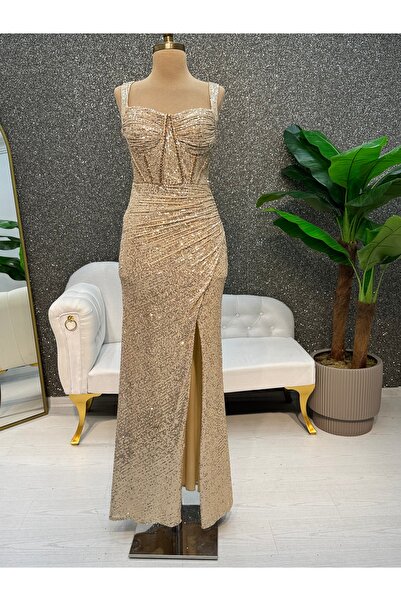 E&A Eren Abiye Kalın Askılı Boncuk İşlemeli Derin Yırtmaçlı Pul Payet Abiye