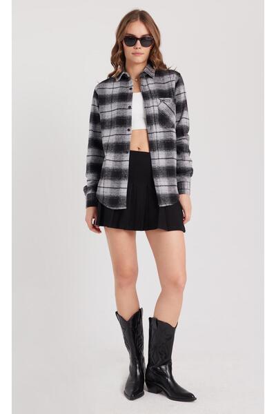 Tudors Kadın Slim Fit Dar Kesim Oduncu Tek Cepli Kareli Kışlık Gömlek