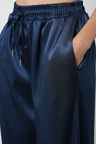Orfeo Negro Women's Light Navy Blue Satin Wide Leg Elastic Waist Trousers
