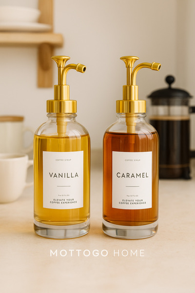 Mottogo 2-Piece Glass Coffee Syrup Dispenser with Gold Head |   Vanilla & Caramel
