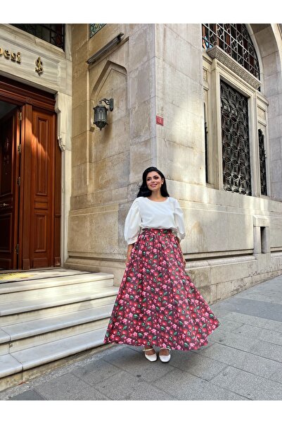 KÜÇÜĞÜM BUTİK Dark Cherry Patterned Flared Balloon Skirt