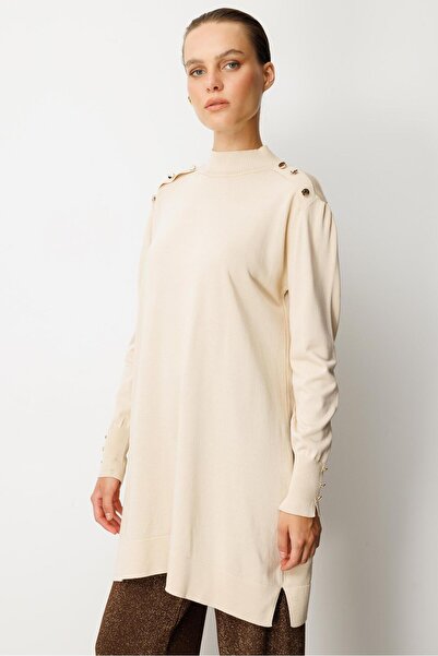 accort Omzu Düğme Detaylı Triko Tunik-TAŞ