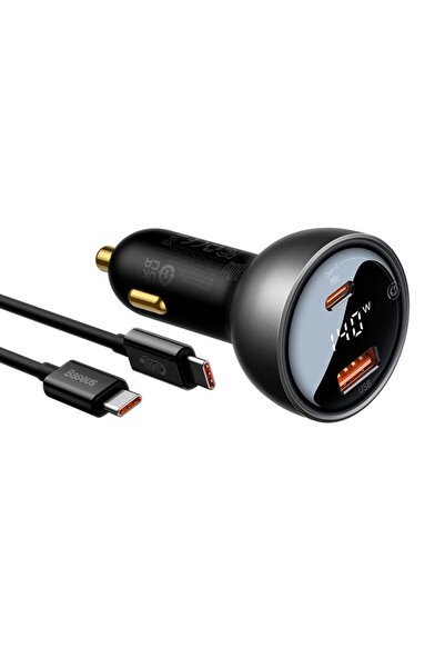 Baseus Încărcător auto 140W, 1x USB-A QC3.0, 1x Type-C PD3.1, afișaj digital, cablu USB-C 240W 1m, negru