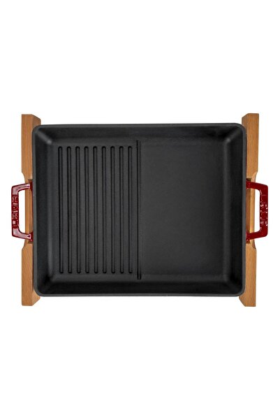 Lava Döküm Demir Dikdörtgen Hibrit Izgara Tavası Kayın Servis Ahşabı Çift Kulplu Ölçü : 26x32 cm.