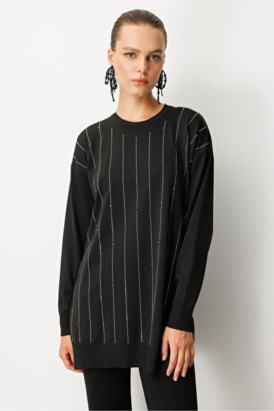 accort Taş Desen Çizgili Triko Tunik Kazak-SİYAH