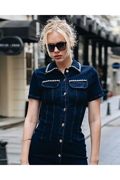 ZF BUTİK Rochie din denim premium cu nasturi cu detalii din piatră