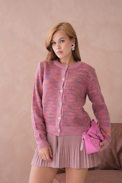 DONNA LISSA Crew Neck Buttoned Comfortable Oversized Colorful Knitwear Cardigan