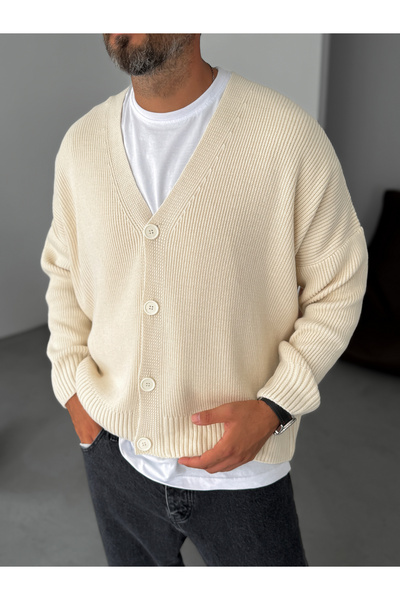BYBASICMAN Ecru Buttoned Oversize Knitted Cardigan Pm-021