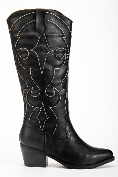 RİSSOLİ Γυναικείες μπότες καουμπόισσας με κέντημα σε μαύρο δέρμα