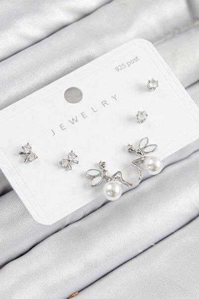 Skygo Pirinç Zirkon Taşlı İnci Melek Model Gümüş Renk 925 Ayar Gümüş Çivi Kad...