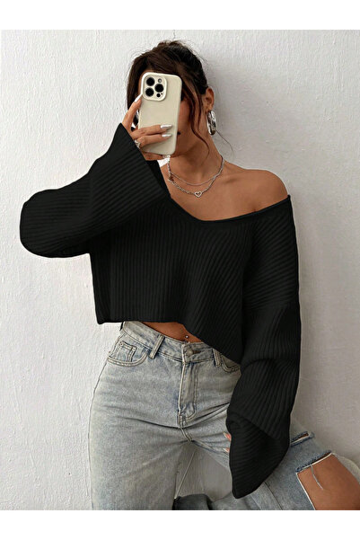 Samin KADIN OVERSİZE V YAKA TRİKO CROP KAZAK