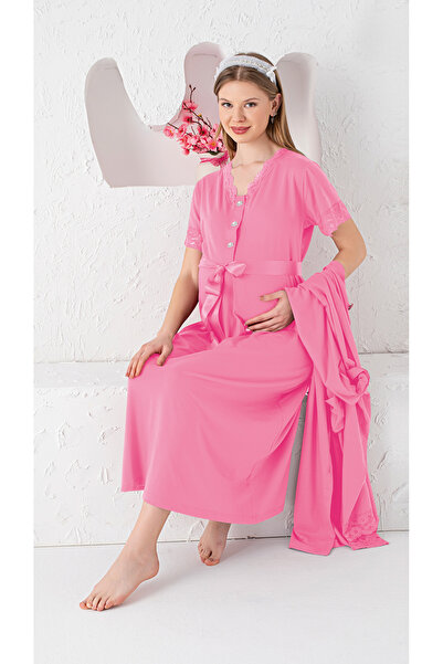 JENİKA Maternity Long Sleeve Dressing Gown Short Sleeve Nightgown Model Buttoned Lace Detail Pink 2-Piece Maternity Set