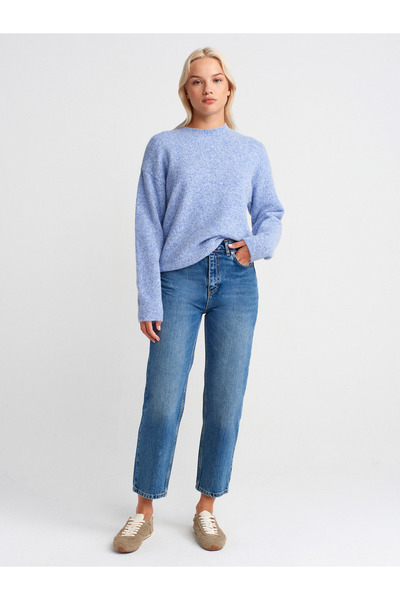 Dilvin 10640 Pulover tricotat cu textura moale cu gât rotund - Indigo M.