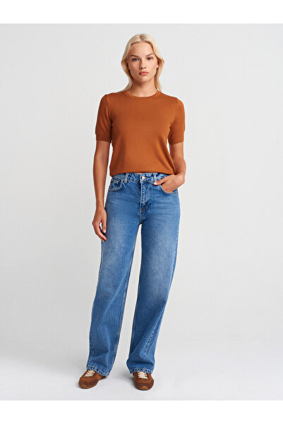 Dilvin 72045 100% Cotton Loose Fit Straight Denim Trousers-Blue