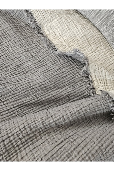 Mia Mina Home Baby Single Bedspread - Pike 4 Layers Muslin 100% Cotton Fringed Double Color Anthracite/Ecru