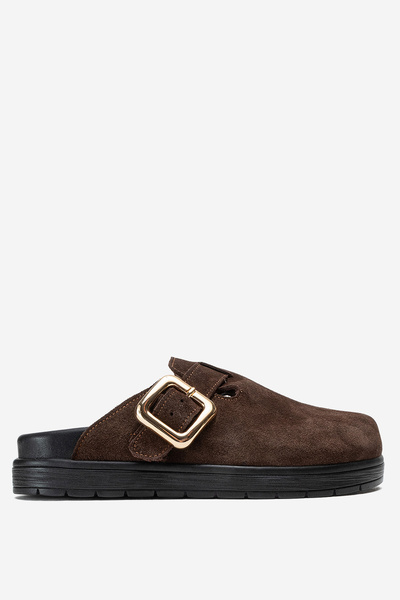 Dericlub Women's Closed-Front Buckle Sabo Casual Slippers Genuine Leather Zy 4000 Suede Brown