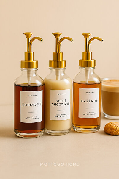 Mottogo 3-Piece Glass Coffee Syrup Dispenser with Gold Head + 7 Labels