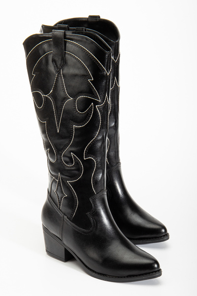 RİSSOLİ Γυναικείες μπότες καουμπόισσας με μαύρο γυαλιστερό δέρμα με κέντημα Western Cowboy