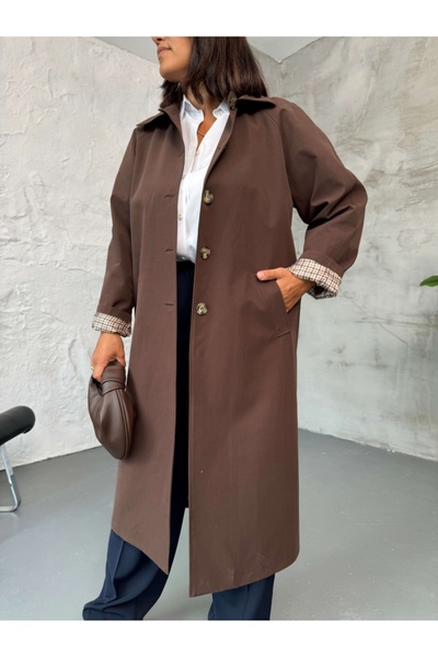 Elif Özbey Butik Brown Plaid Detailed Trench Coat