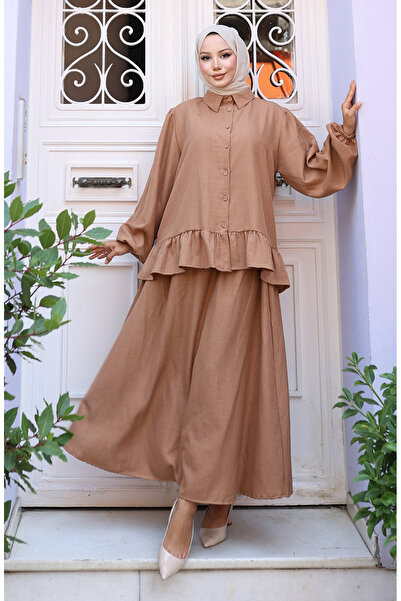 sefamerve Ruffled Tunic Skirt Two-Piece Set 0146-06 Milky Coffee