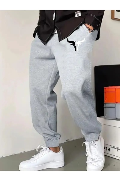 WOODROFFE Men's Brave Bull Horn Printed Red Gray Black Sweatpants Jogger