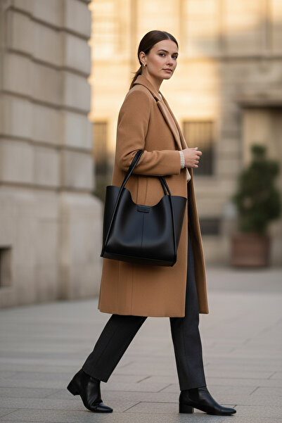 KISCHE Large Size Women's Hand and Shoulder Bag with Snap Fastener Strap and Faux Leather Makeup Bag