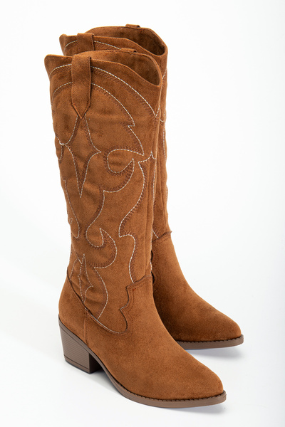 RİSSOLİ Γυναικείες μπότες καουμπόισσας με κέντημα από καστόρι σε ταμπά χρώμα