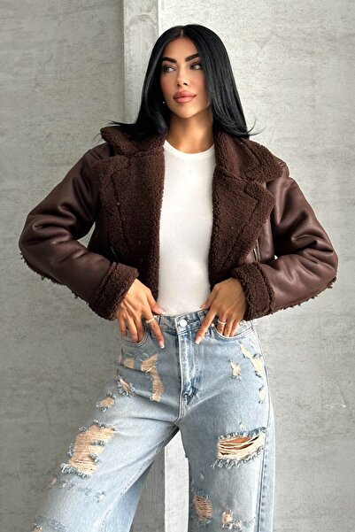 moda armanc Γυναικείο παλτό από ψεύτικο δέρμα με επένδυση από γούνα - Crop Biker Leather Jacket